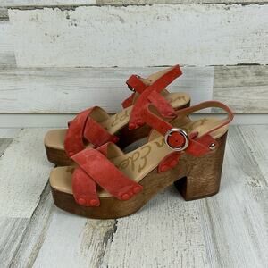 Sam Edelman Josefine Women’s 6.5 Coral Suede Strappy Sandals Wood Heel NEW